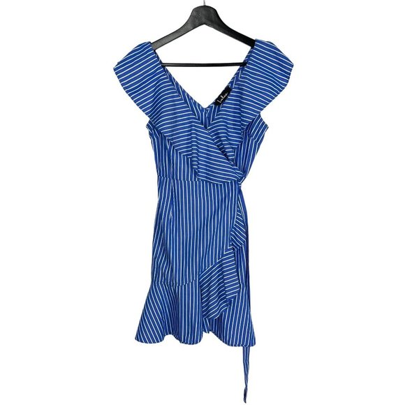 Lulus Valencia Blue White Stripe Flutter Wrap Short Sleeve Waist Tie Above Knee - Picture 1 of 13